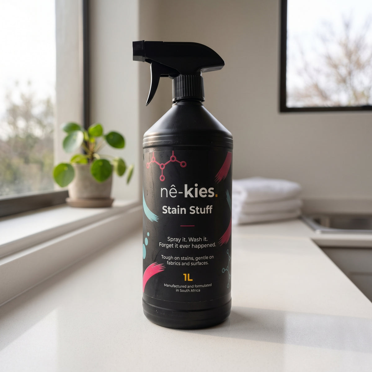 A 1L bottle of Nê-kies Stain Stuff spray cleaner standing on a white countertop near a window, with a small potted plant and folded towels in the background.
