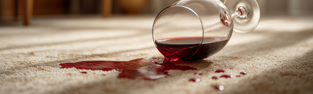 A glass of red wine spilled onto a white carpet.