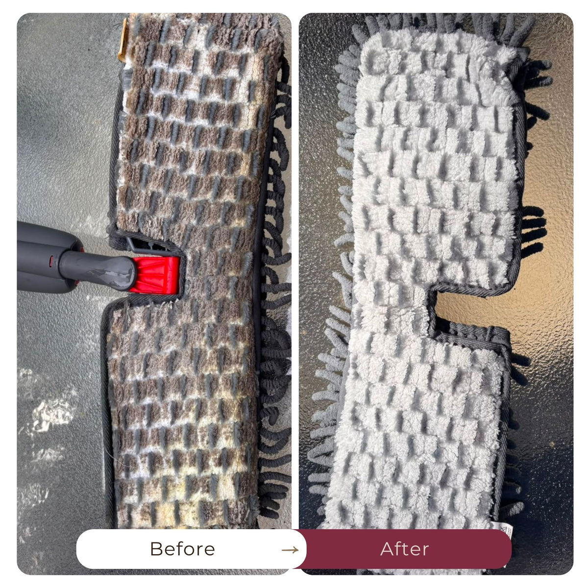 Side by side image of a Before and after image of a dirty mop and after of a clean mop cleaned with stain stuff from Nê-Kies