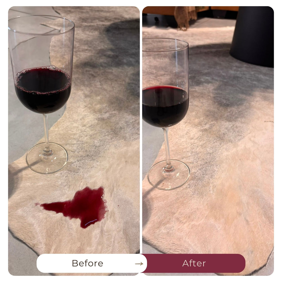 A side-by-side before and after comparison showing a wine glass with red wine on a light-colored animal hide rug. The left panel is labeled 'Before' and shows a red wine spill on the rug. Cleaned with Stain stuff stain remover from Nê-Kies.