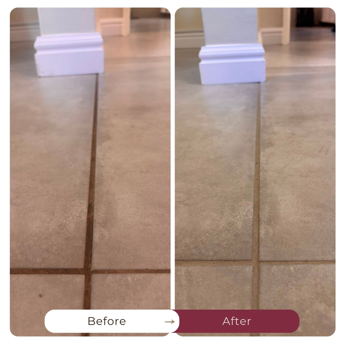 Before and after foto of tile grout that has been cleaned with Stuff stain remover from Nê-Kies.