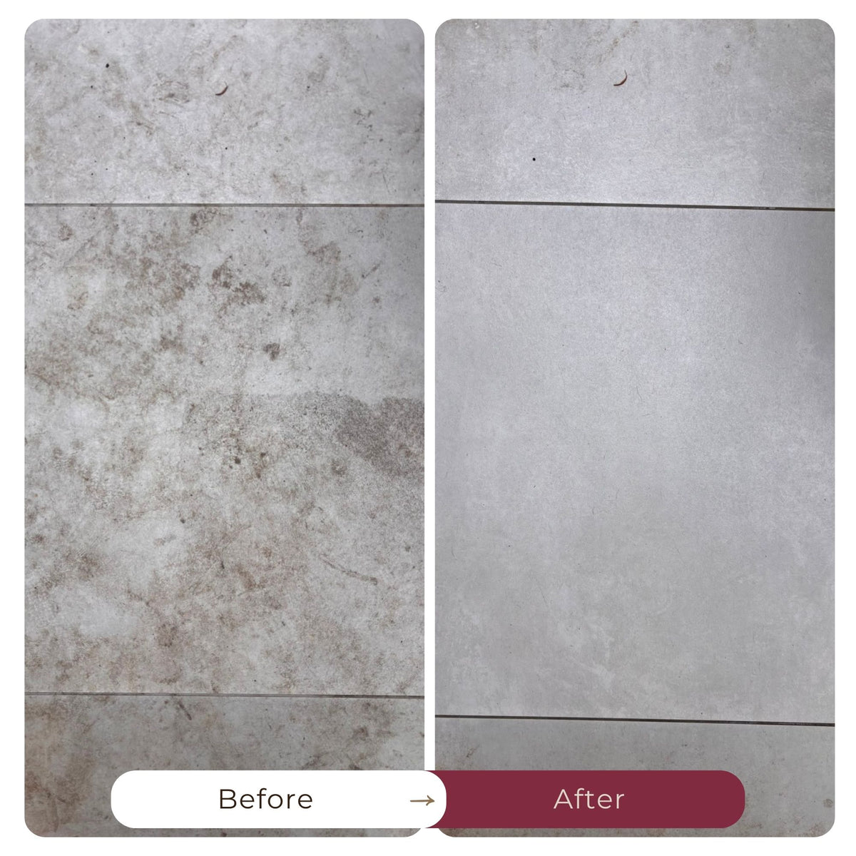 Before and after comparison of a n outdoor  tile surface, showing a dirty, mottled light grey surface on the left labelled 'Before' and a clean, smooth light gray surface on the right labelled 'After'. Cleaned with Stain stuff stain remover from Nê-Kies.