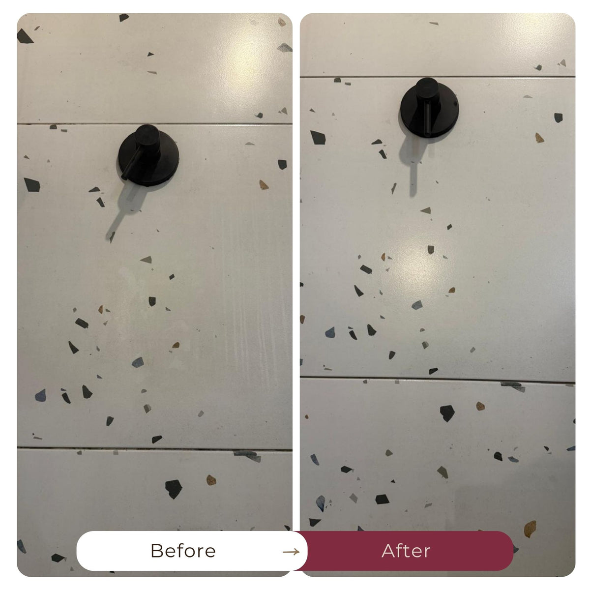 Before and after photo of shower tiles with product build-up that has been removed with Stain stuff stain remover from Nê-Kies