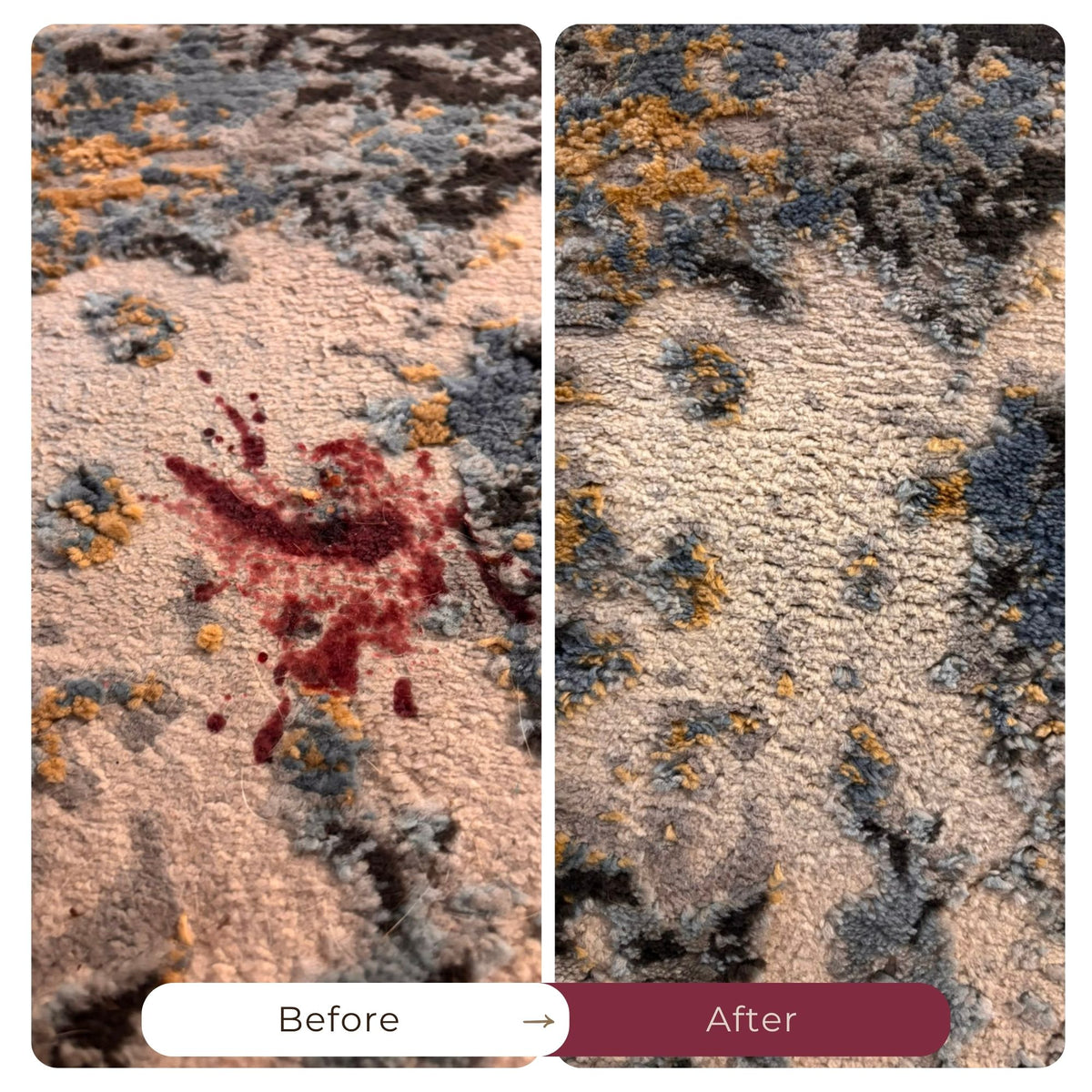Before and after  photo of a red wine spill on carpet removed with Stain stuff stain remover from Nê-Kies