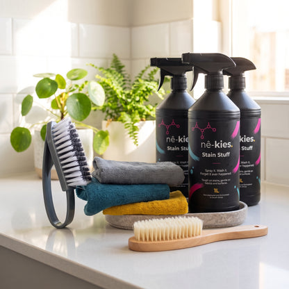 Three black ne-kies Stain Stuff spray bottles arranged on a white countertop beside folded microfiber cloths, two scrub brushes, and a potted plant in a bright kitchen-like setting.