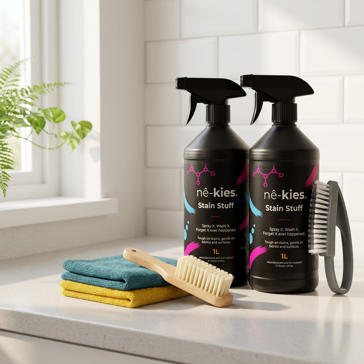 Two 1L bottles of né-kies Stain Stuff in a kitchen setting, displayed on a white countertop with cleaning accessories including a wooden-handled brush, folded towels, and a scrubber.