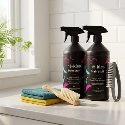 Two 1L bottles of né-kies Stain Stuff in a kitchen setting, displayed on a white countertop with cleaning accessories including a wooden-handled brush, folded towels, and a scrubber.